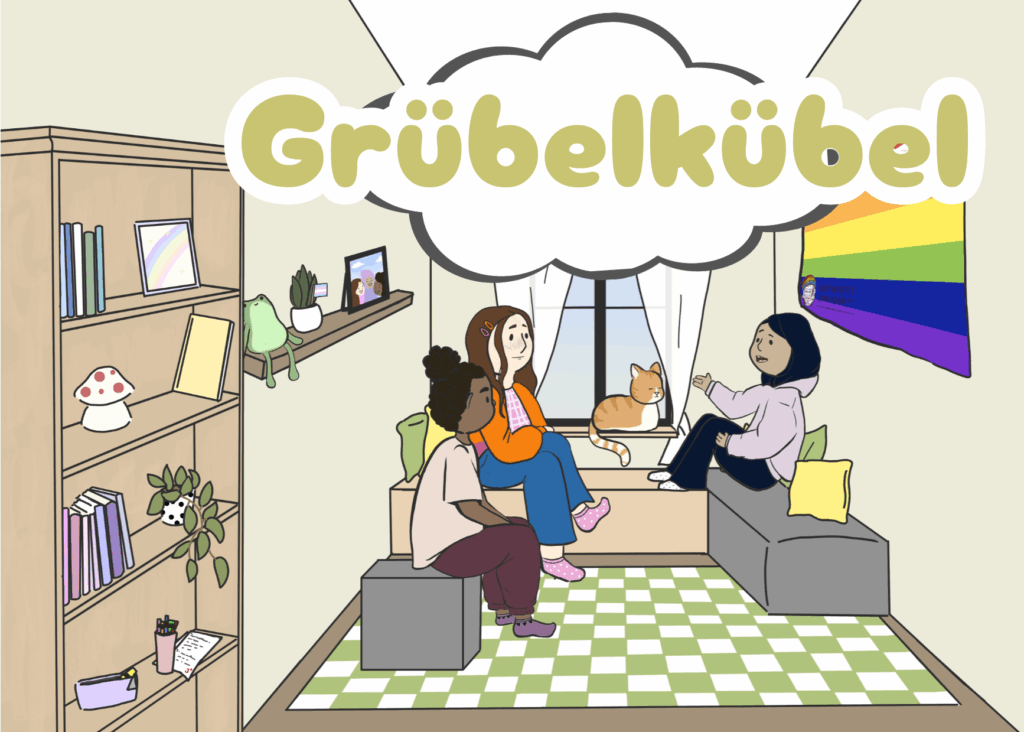 Grübelkübel Header zeigt Personen, die miteinander ins Gespräch kommen als Illustration